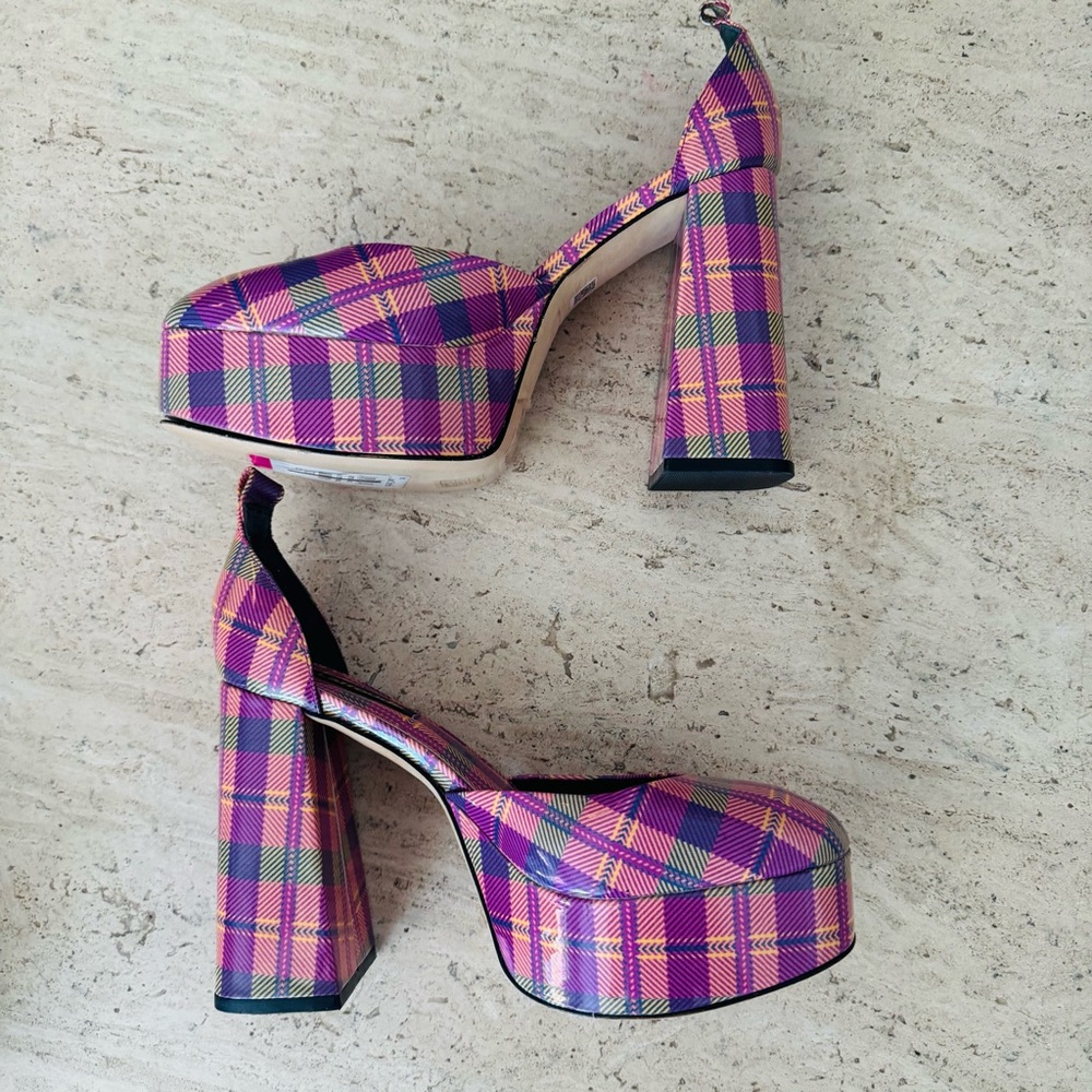 Larroude Pink Plaid Platform Heels